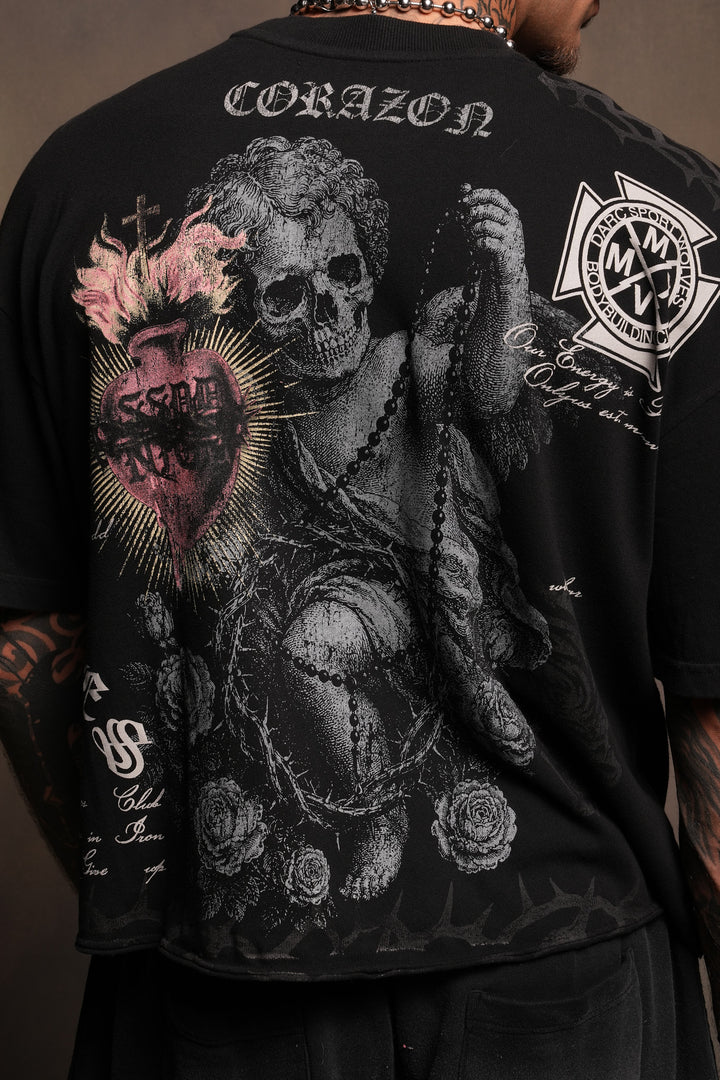Angelito Muerto Premium Raw Hem Box Cut Tee In Black