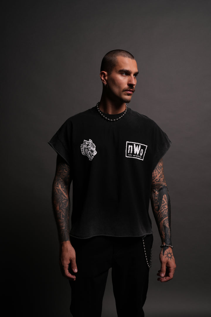 New World Order Grunge Cut-Off Tee in Black