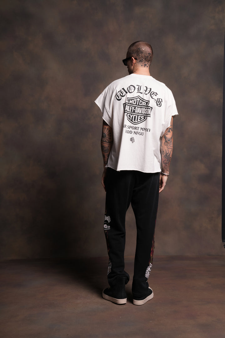 Harley-Davidson Wolves Grunge Cut-Off Tee in Cream