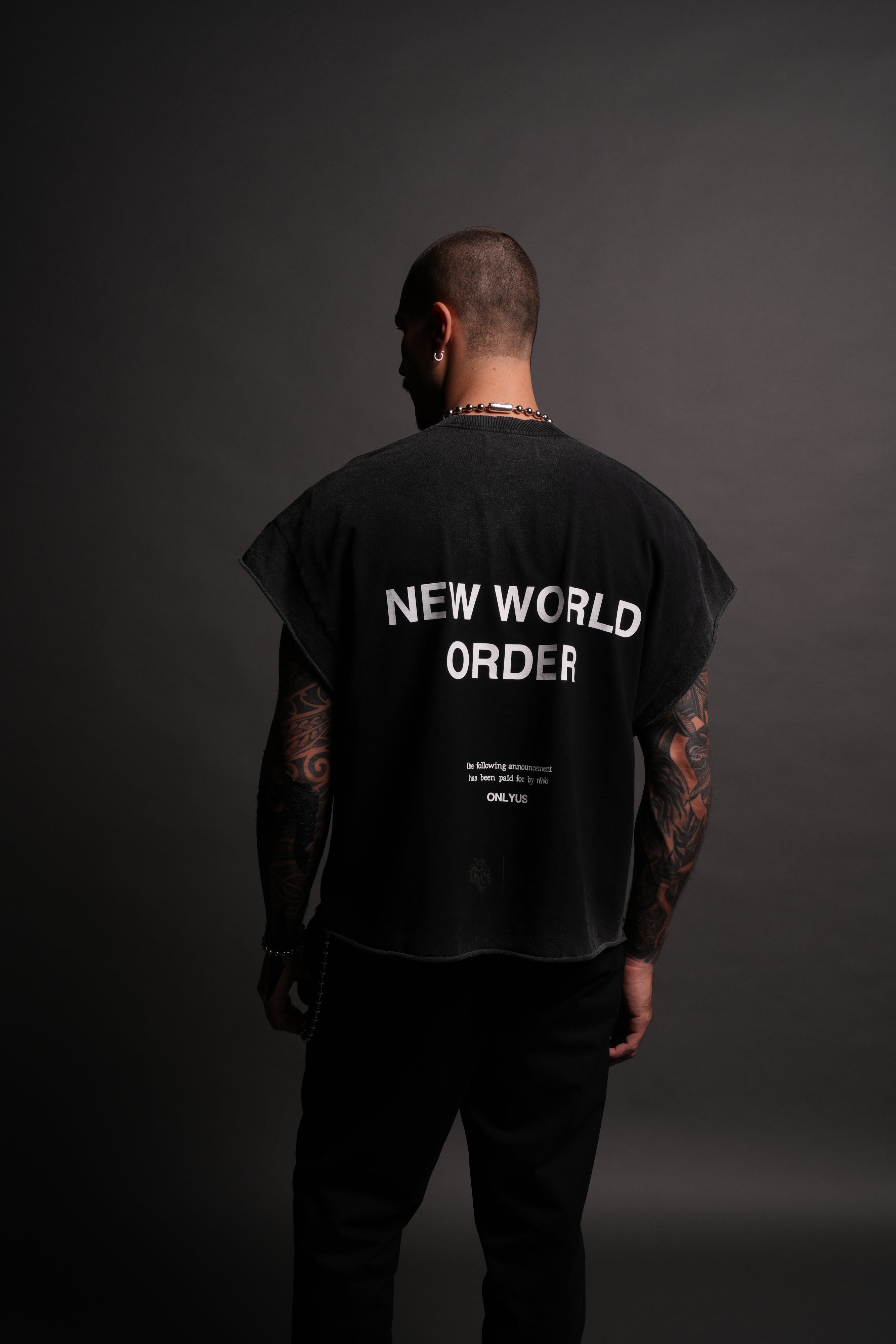 New World Order Grunge Cut-Off Tee in Black