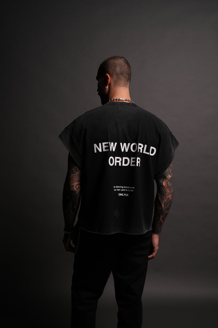 New World Order Grunge Cut-Off Tee in Black