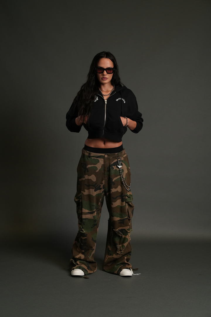 Darc Wandering "Sage" Cropped Zip Hoodie in Black