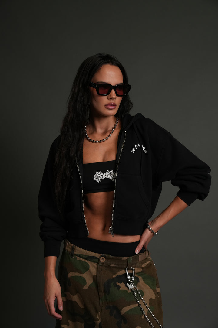 Darc Wandering "Sage" Cropped Zip Hoodie in Black