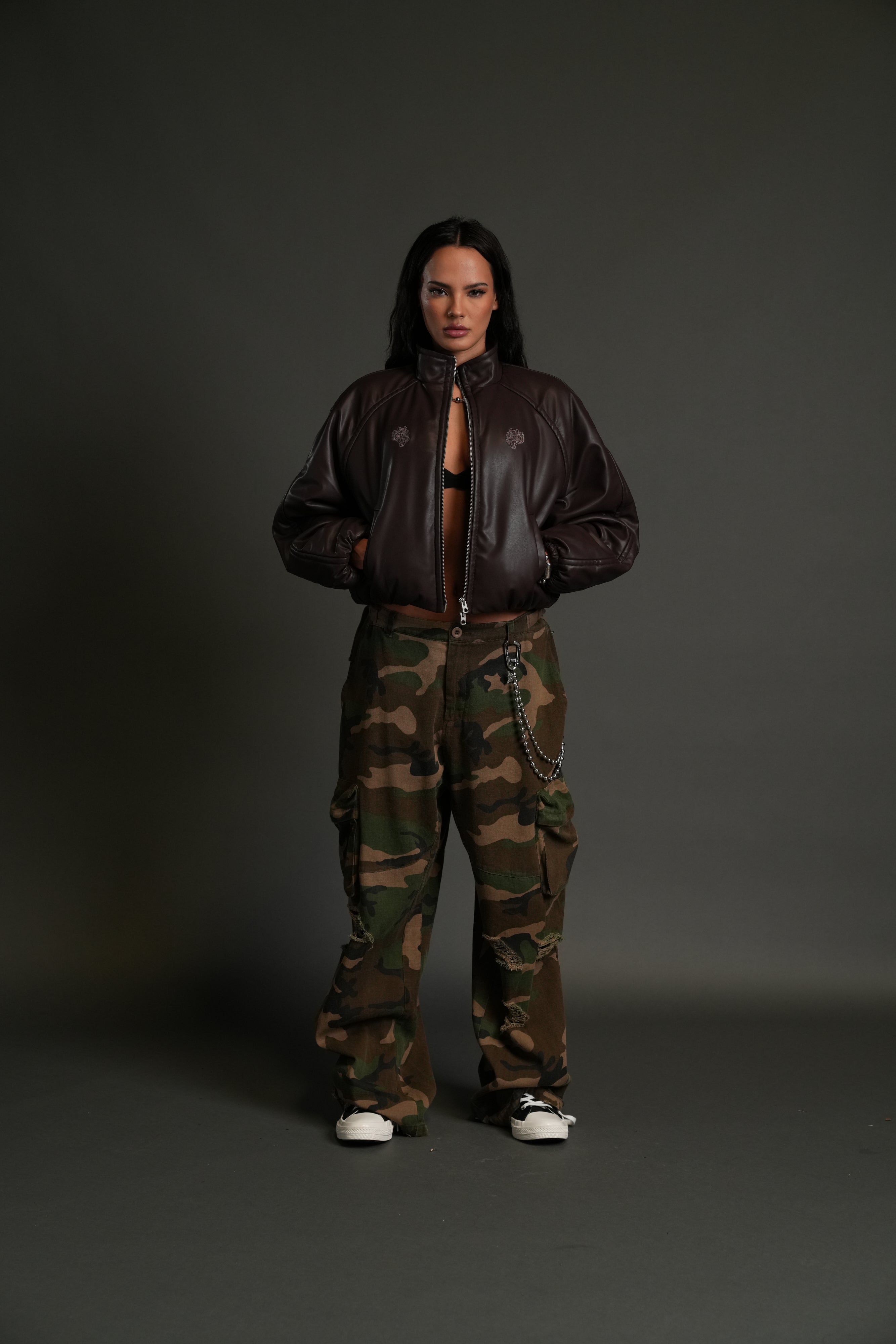 Dual Wolf Chopper Sofia Faux Leather Bomber Jacket in Darc Garnet
