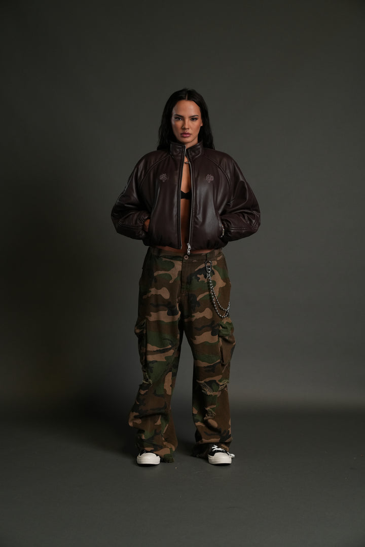 Dual Wolf Chopper Sofia Faux Leather Bomber Jacket in Darc Garnet