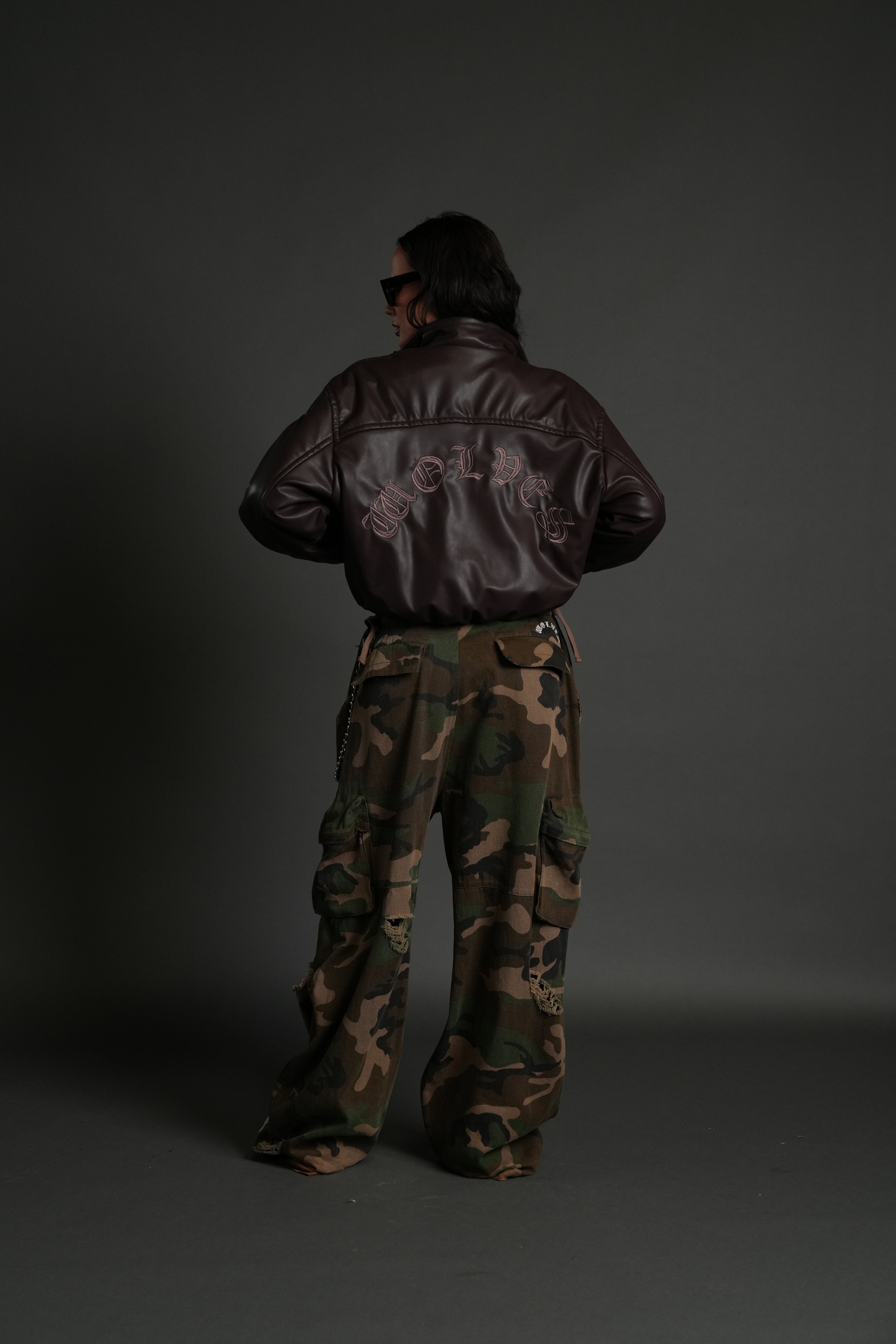 Dual Wolf Chopper Sofia Faux Leather Bomber Jacket in Darc Garnet