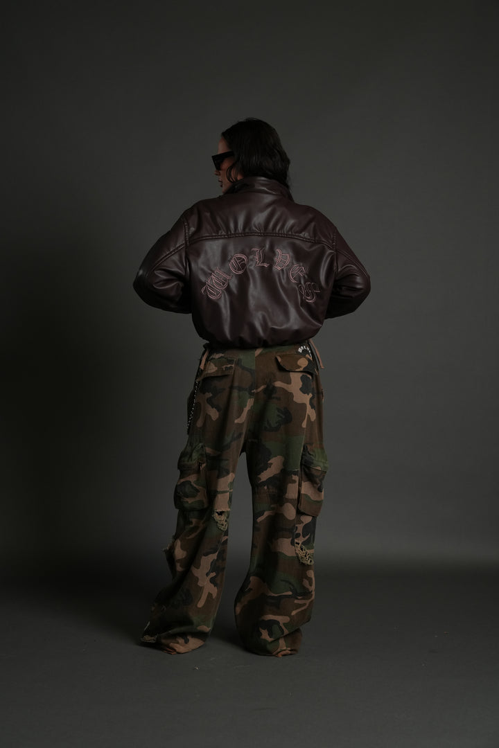 Dual Wolf Chopper Sofia Faux Leather Bomber Jacket in Darc Garnet
