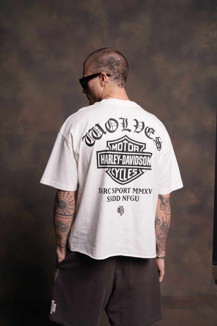 Harley-Davidson Wolves Distressed Grunge Mid-Length Raw Hem Tee in Cream