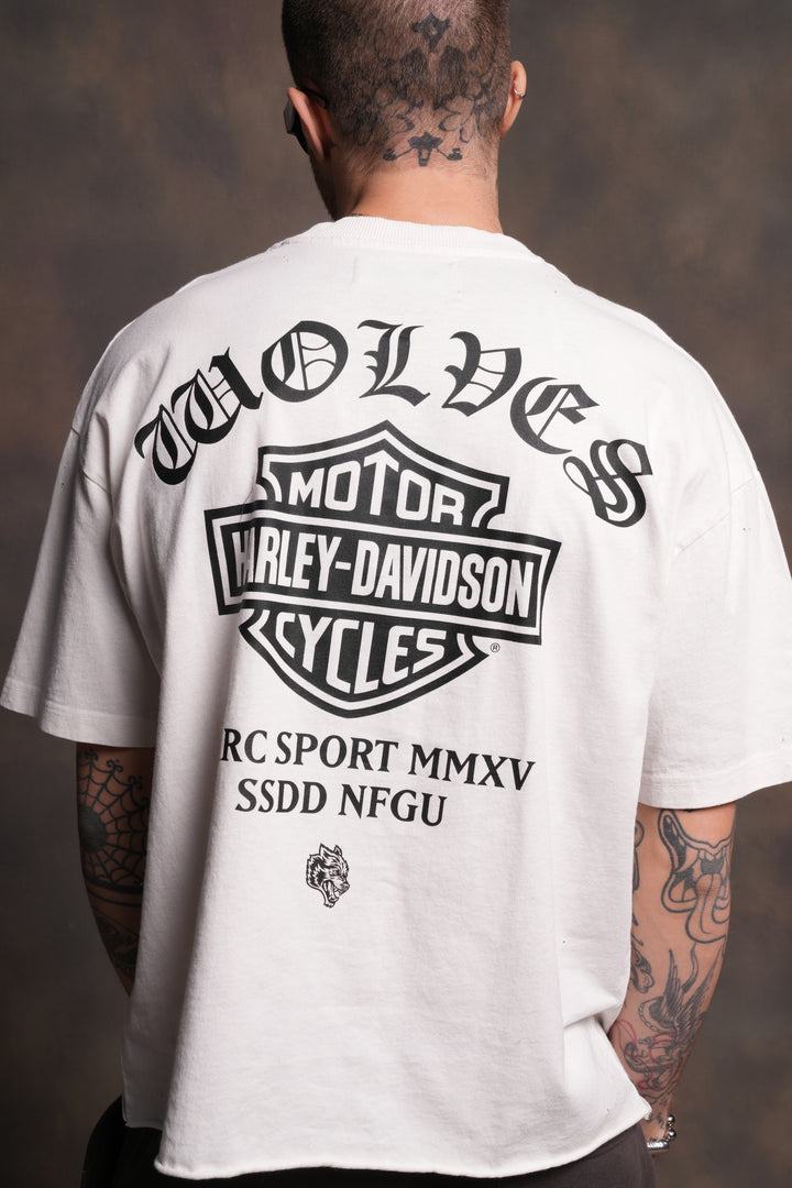 Harley-Davidson Wolves Distressed Grunge Mid-Length Raw Hem Tee in Cream