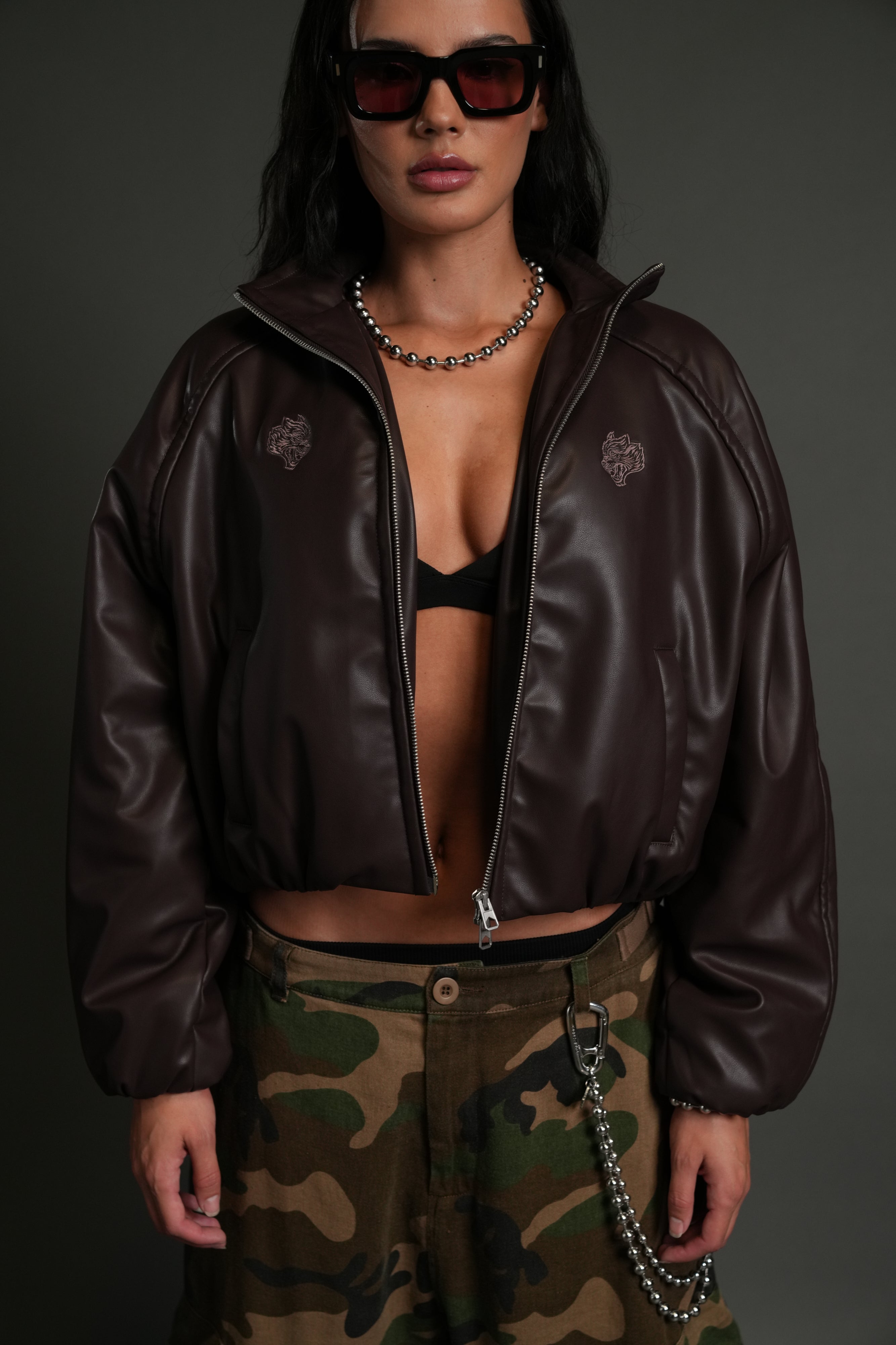 Dual Wolf Chopper Sofia Faux Leather Bomber Jacket in Darc Garnet