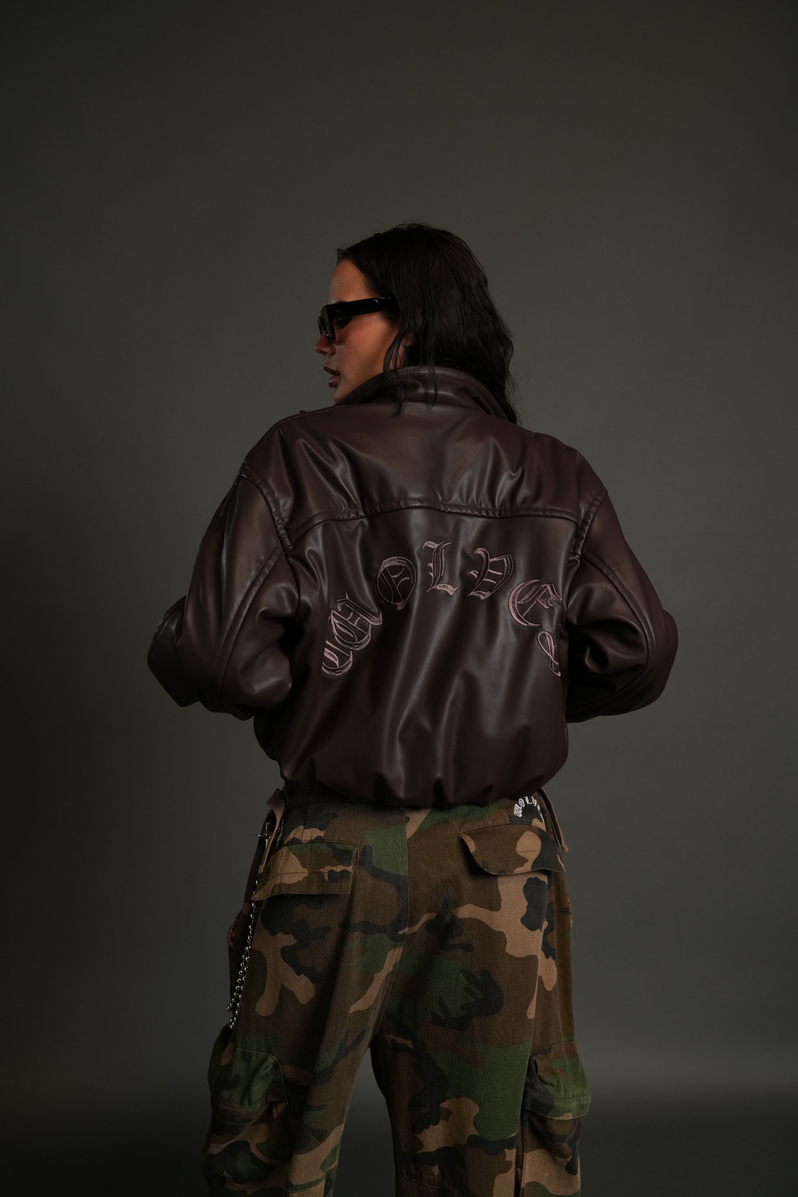 Dual Wolf Chopper Sofia Faux Leather Bomber Jacket in Darc Garnet