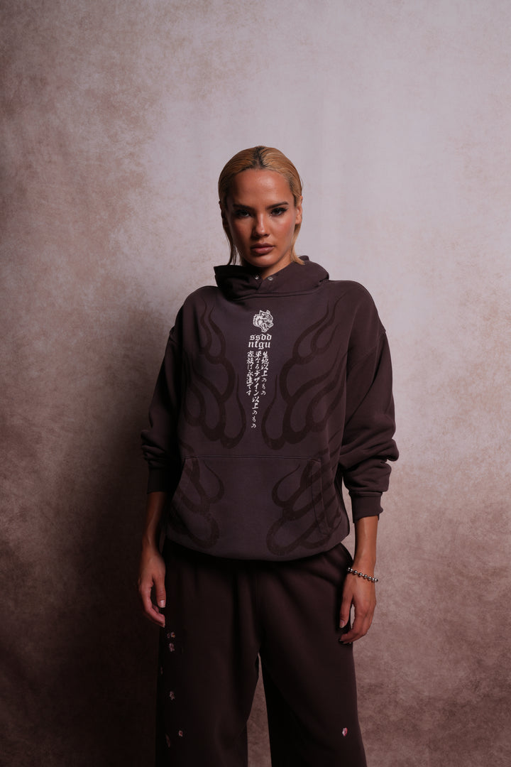 Chopper Wolves Flame "Pierce" Hoodie in Darc Garnet Spine Sun Fade