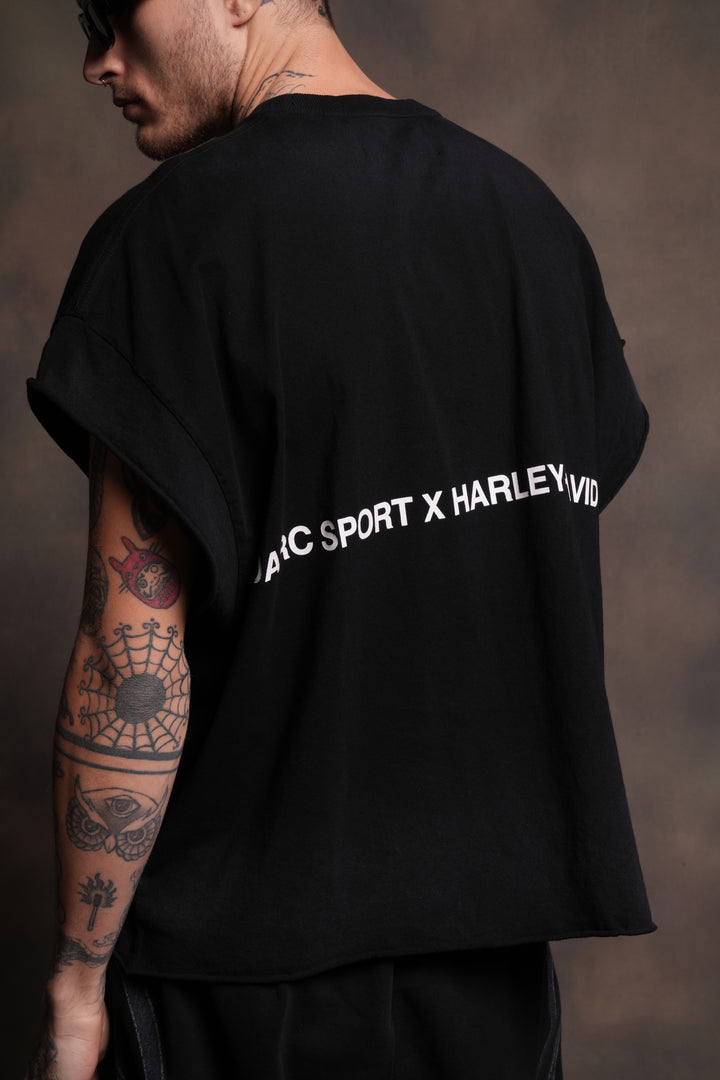 Inferno Shield Grunge Cut-Off Mid-Length Raw Hem Tee in Black Drift Wash