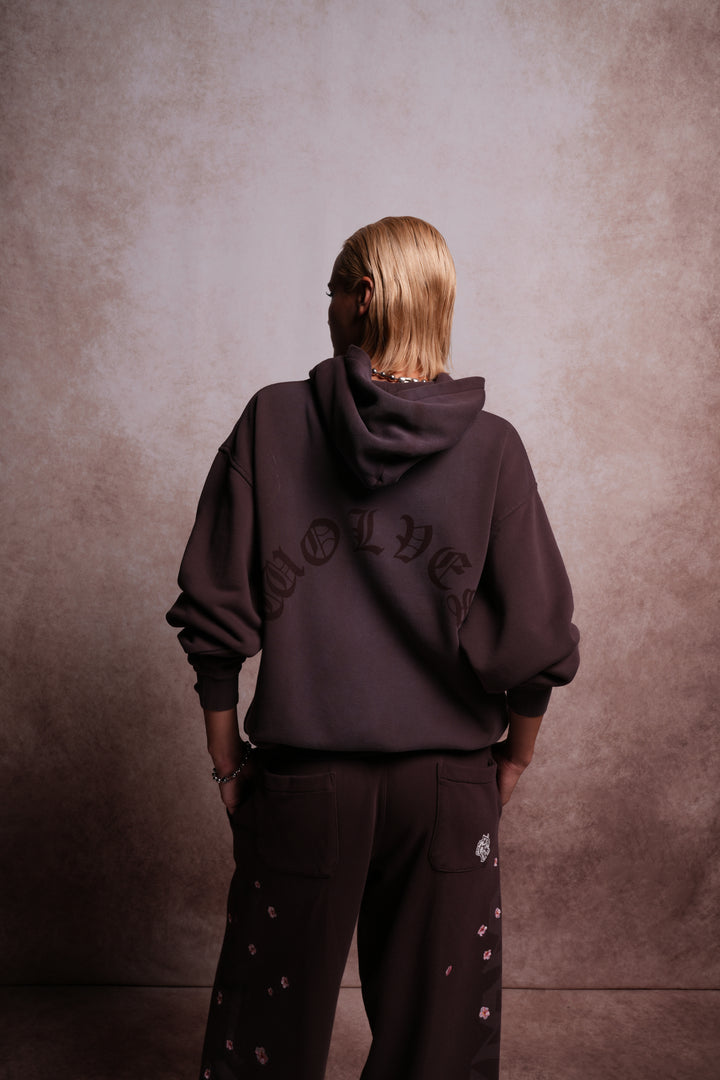 Chopper Wolves Flame "Pierce" Hoodie in Darc Garnet Spine Sun Fade