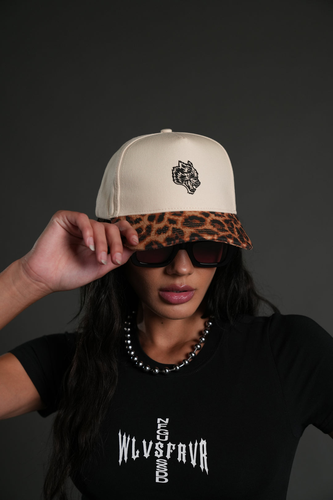 Wolf Head 5 Panel Hat in Cream/Clay Leopard