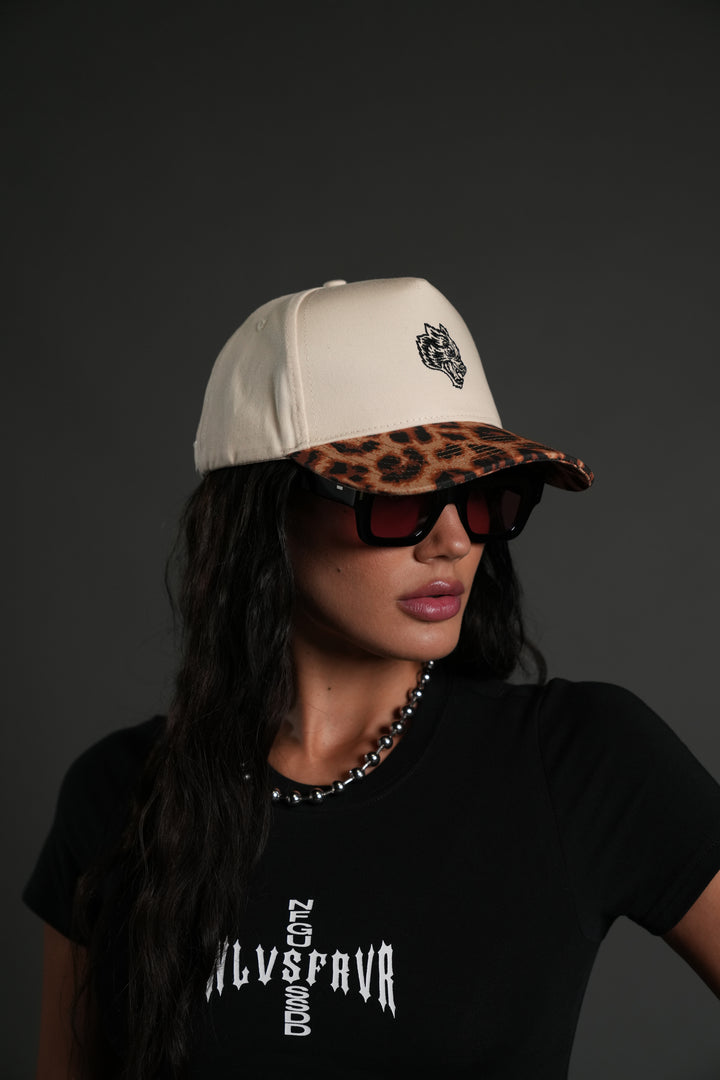 Wolf Head 5 Panel Hat in Cream/Clay Leopard