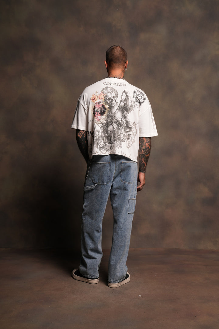 Angelito Muerto Premium Raw Hem Box Cut Tee In Cream
