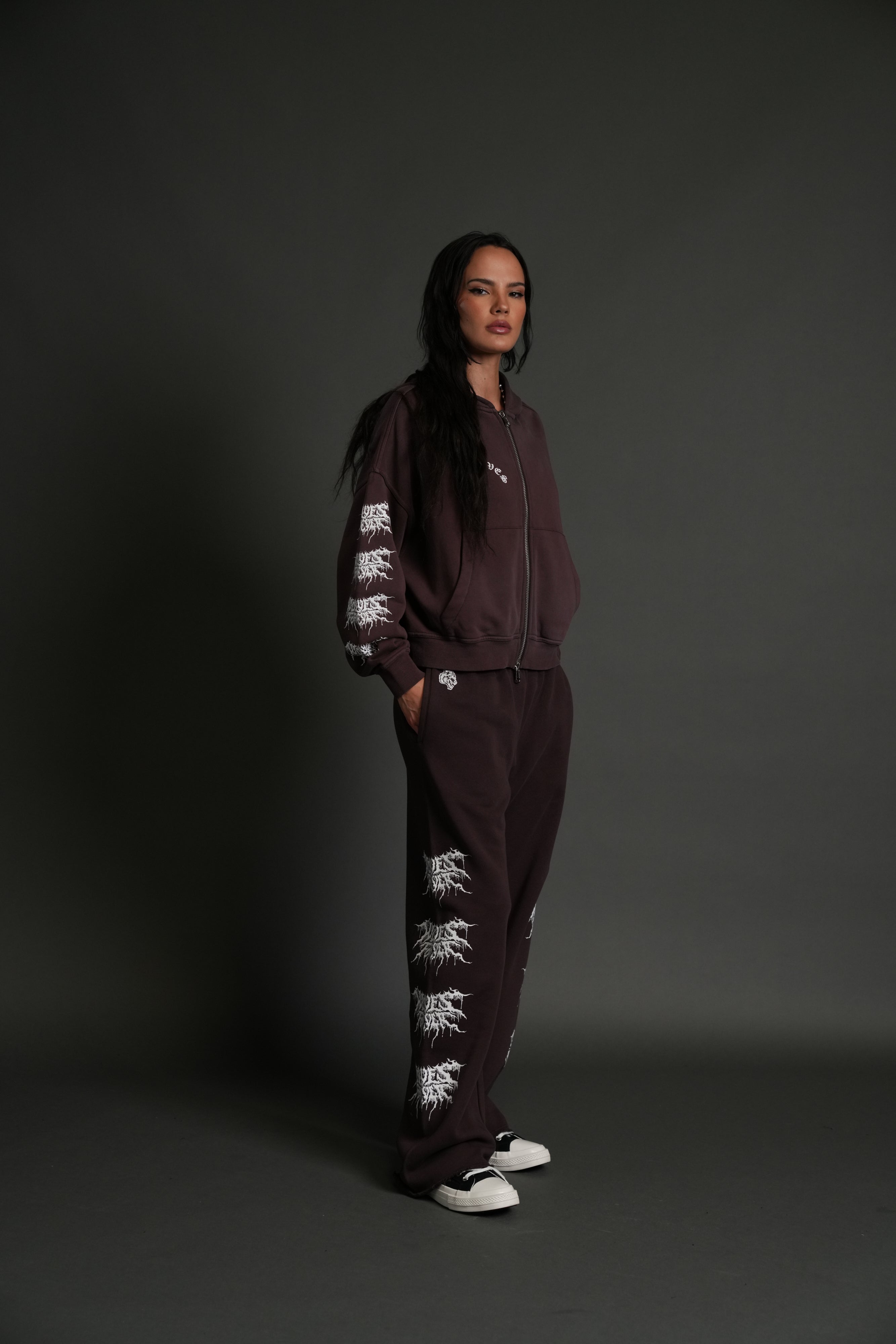 Drip Hesh Vex Double Zip Hoodie in Darc Garnet Drift Wash