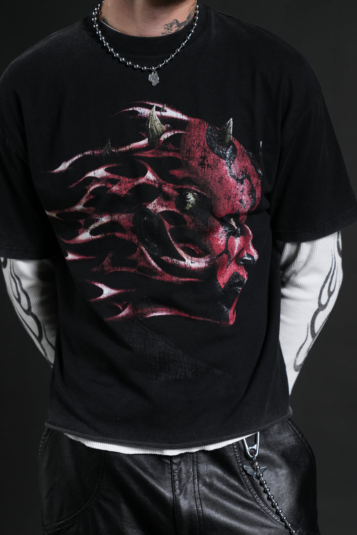 Sith Inferno Grunge Mid Length Raw Hem Tee in Black