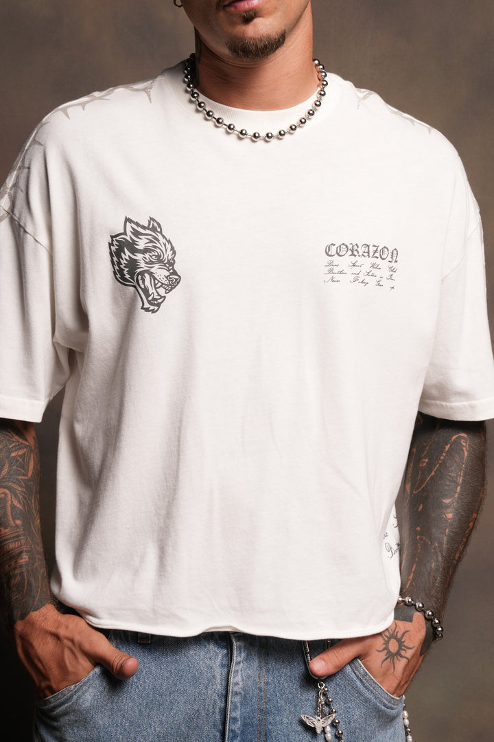 Angelito Muerto Premium Raw Hem Box Cut Tee In Cream