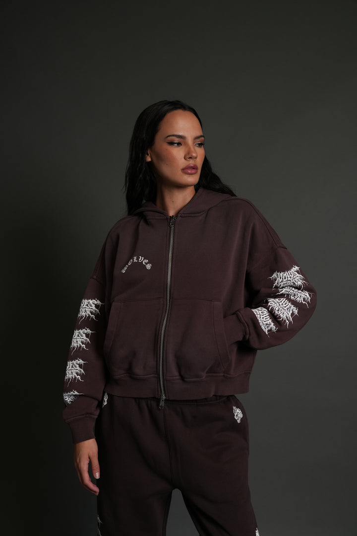 Drip Hesh Vex Double Zip Hoodie in Darc Garnet Drift Wash
