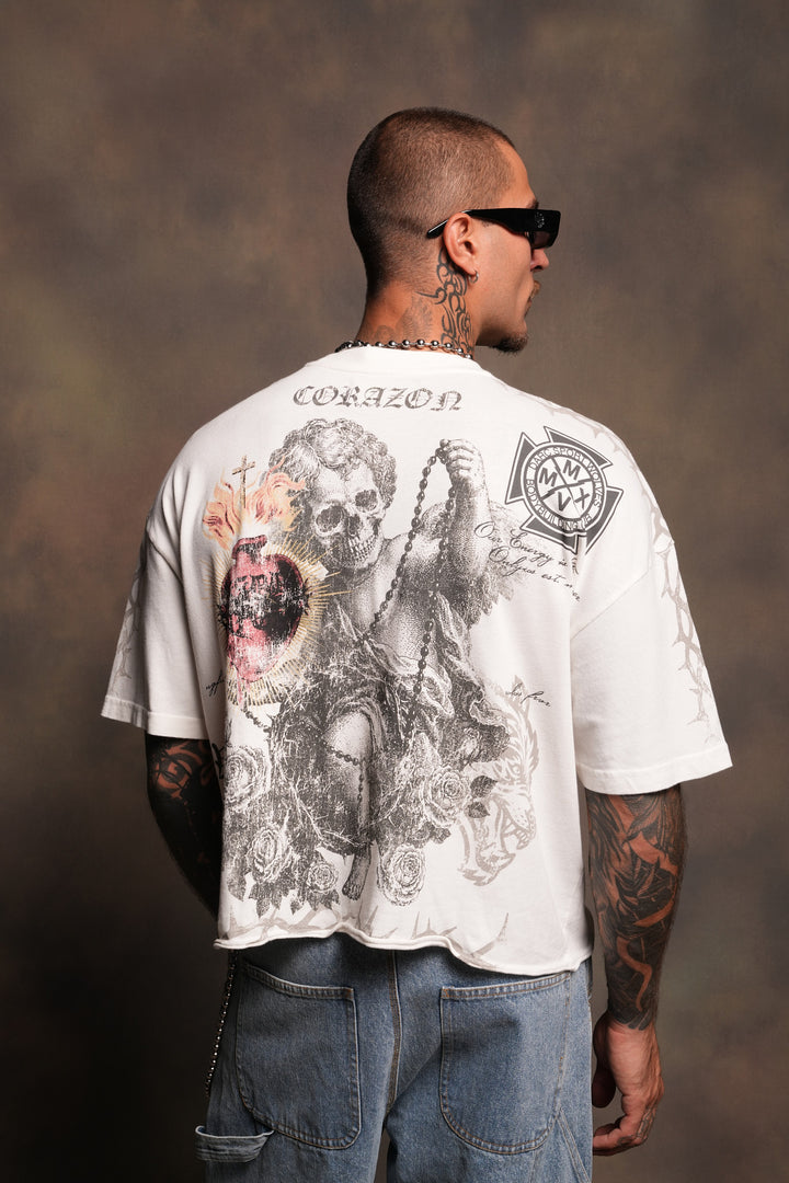 Angelito Muerto Premium Raw Hem Box Cut Tee In Cream