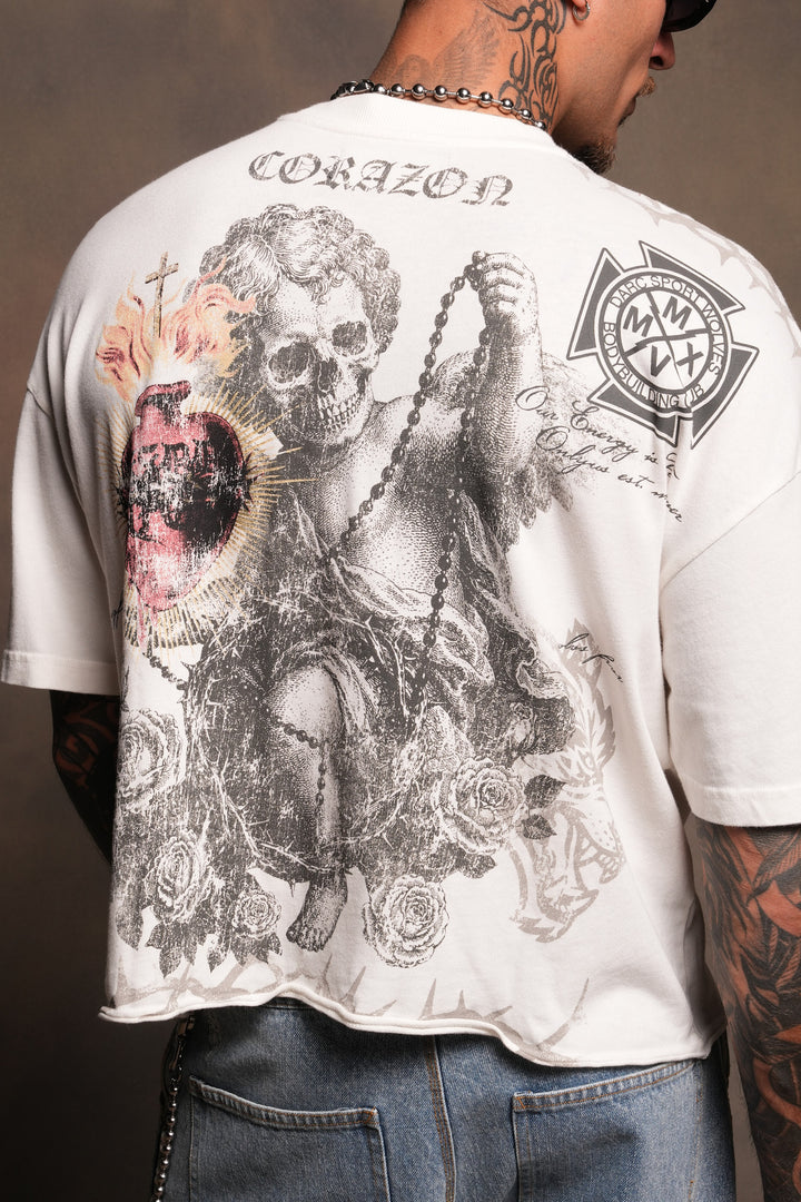 Angelito Muerto Premium Raw Hem Box Cut Tee In Cream