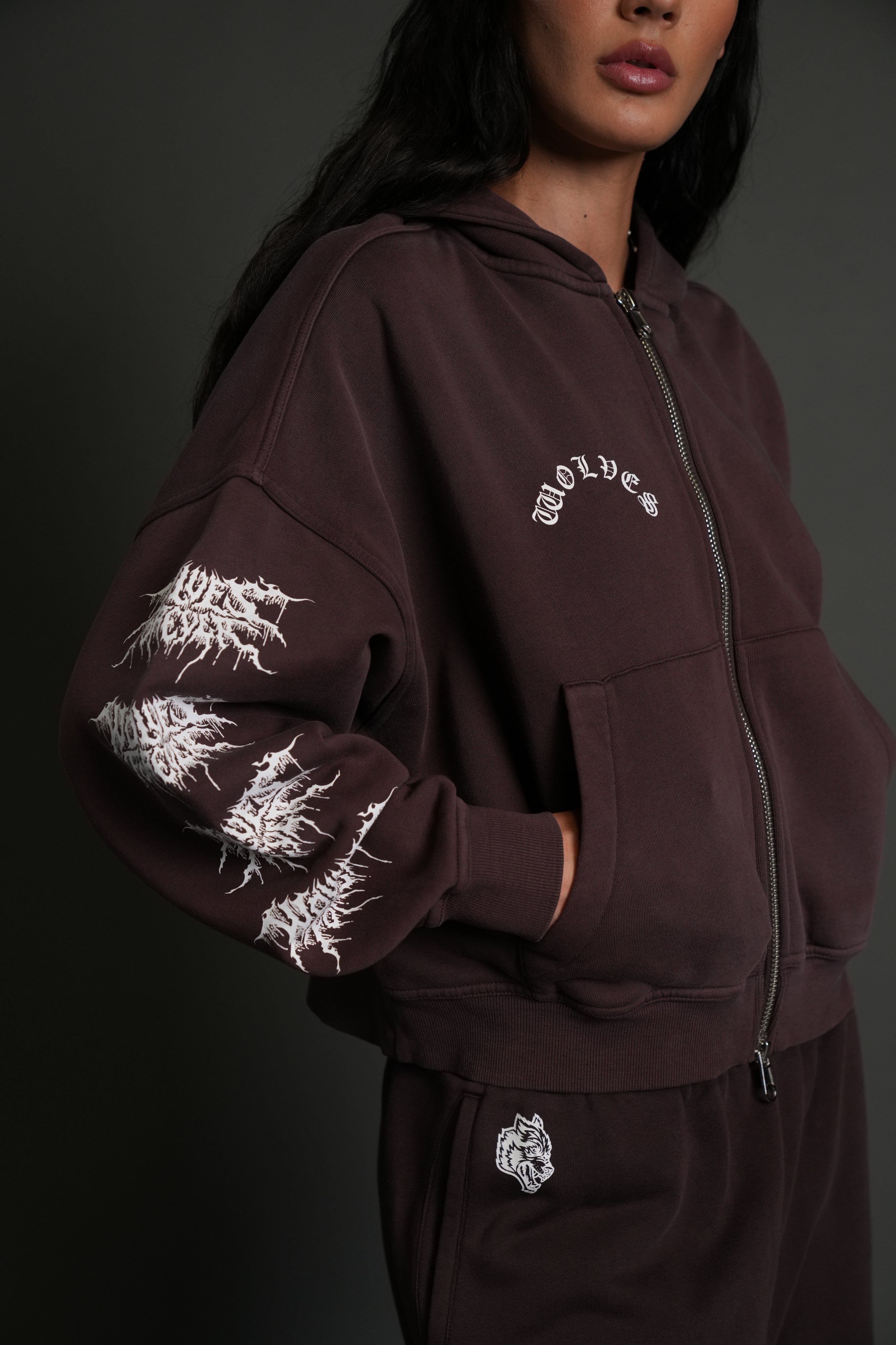 Drip Hesh Vex Double Zip Hoodie in Darc Garnet Drift Wash