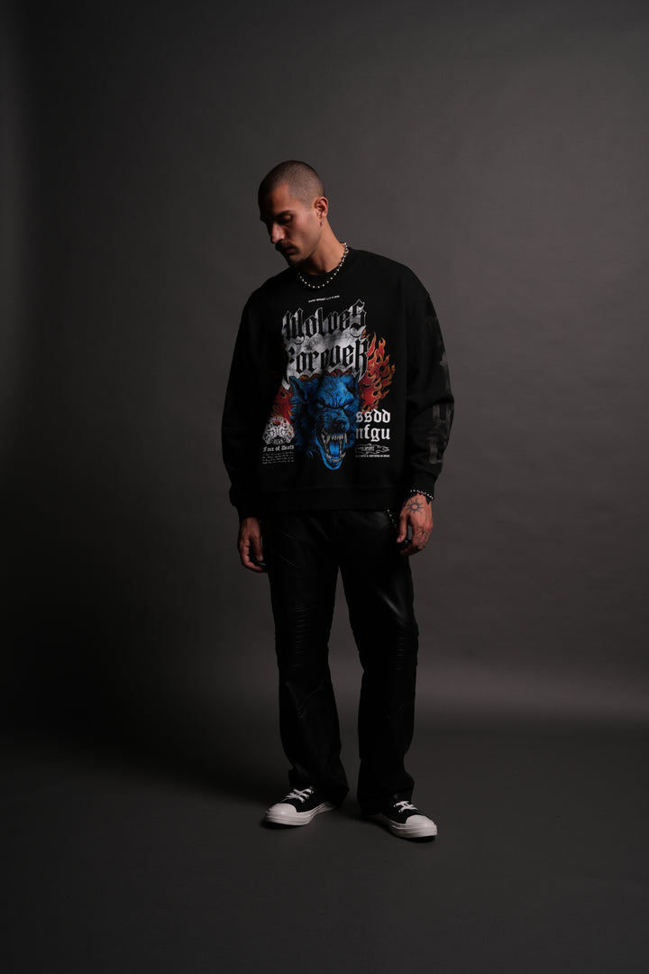 Death Wolf Grunge Oversized London Crewneck in Black