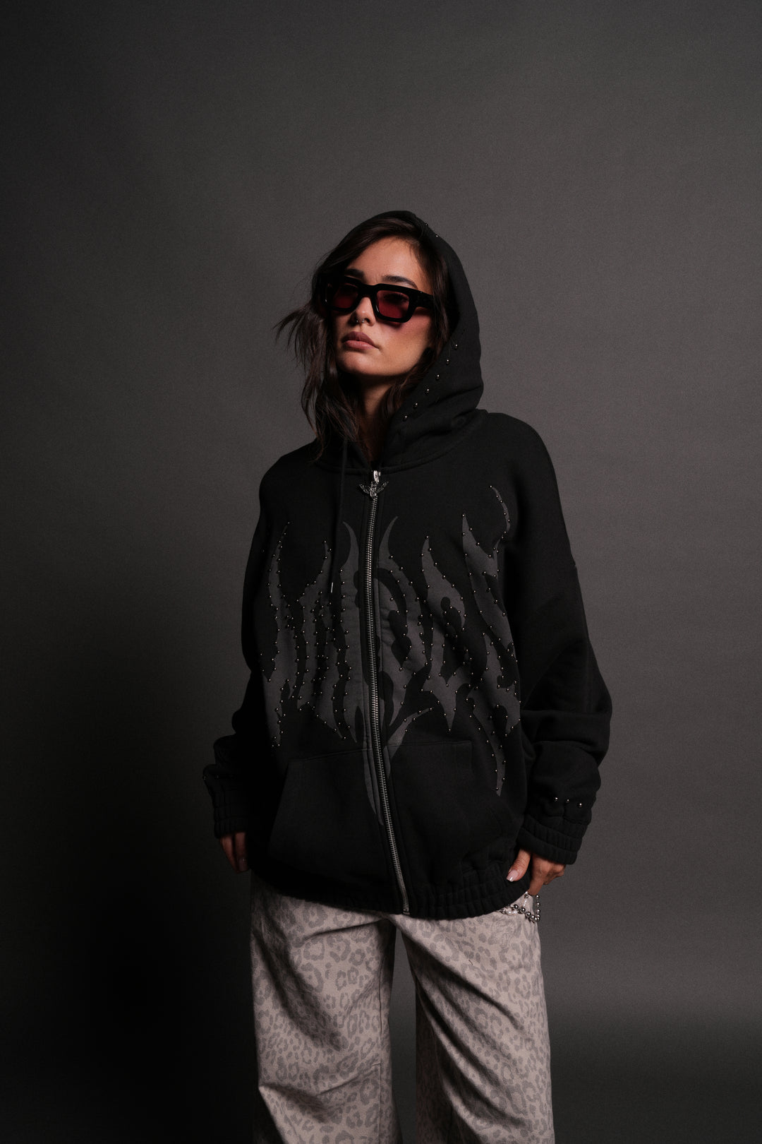 Studded Hesh "Chambers" Zip Hoodie in Black