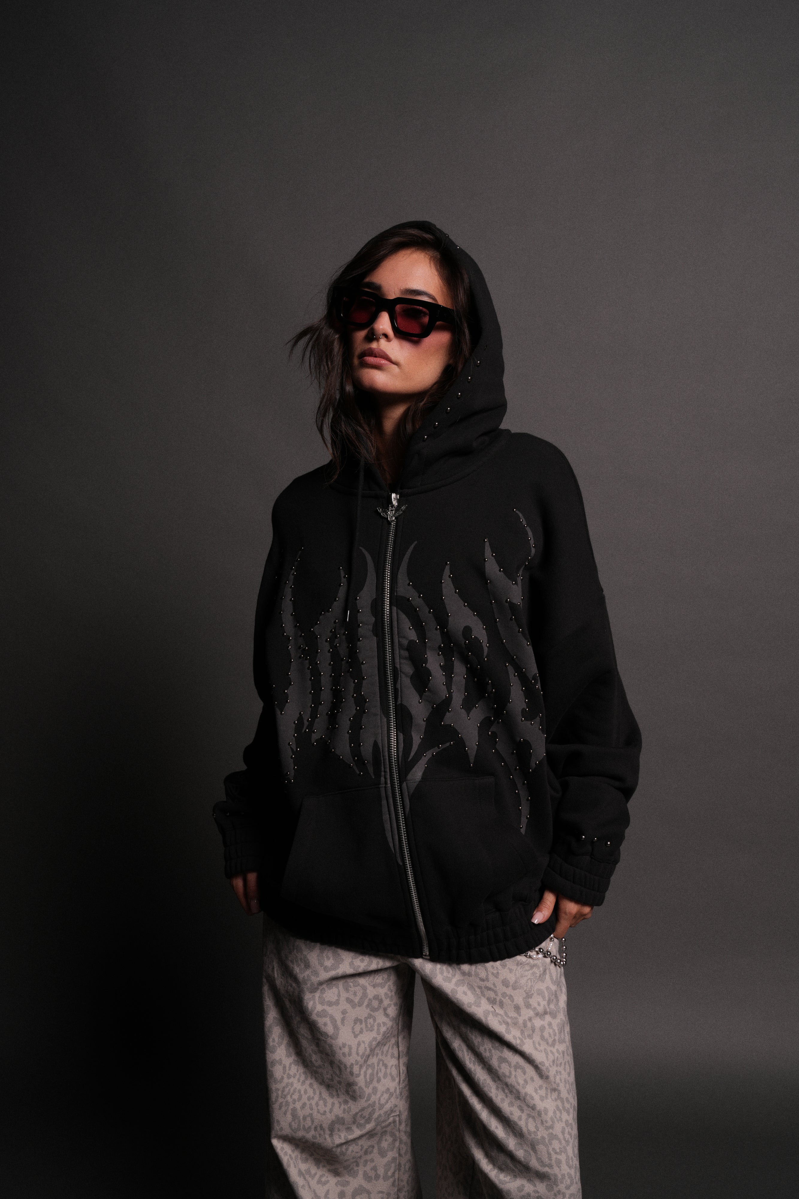 Studded Hesh "Chambers" Zip Hoodie in Black