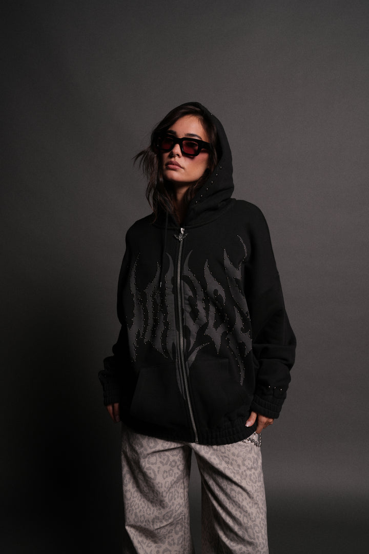 Studded Hesh "Chambers" Zip Hoodie in Black
