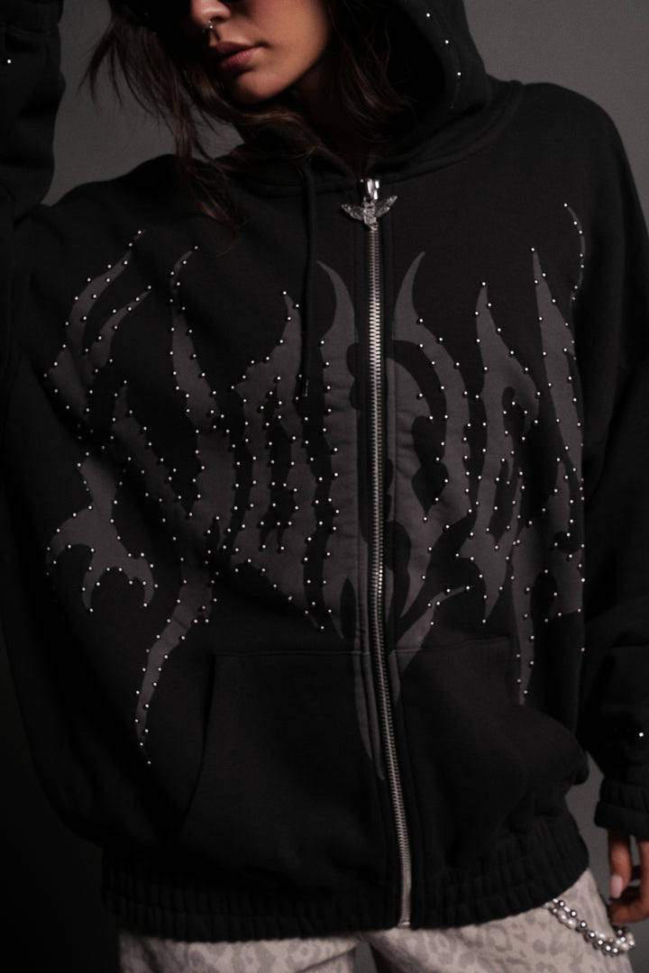Studded Hesh "Chambers" Zip Hoodie in Black