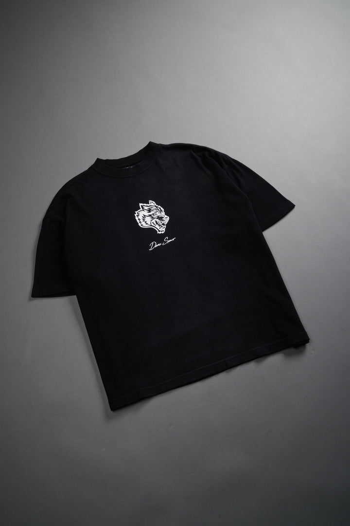 Our Wolf Forever Box Cut "Pump Cover" Tee in Black Spine Sun Fade