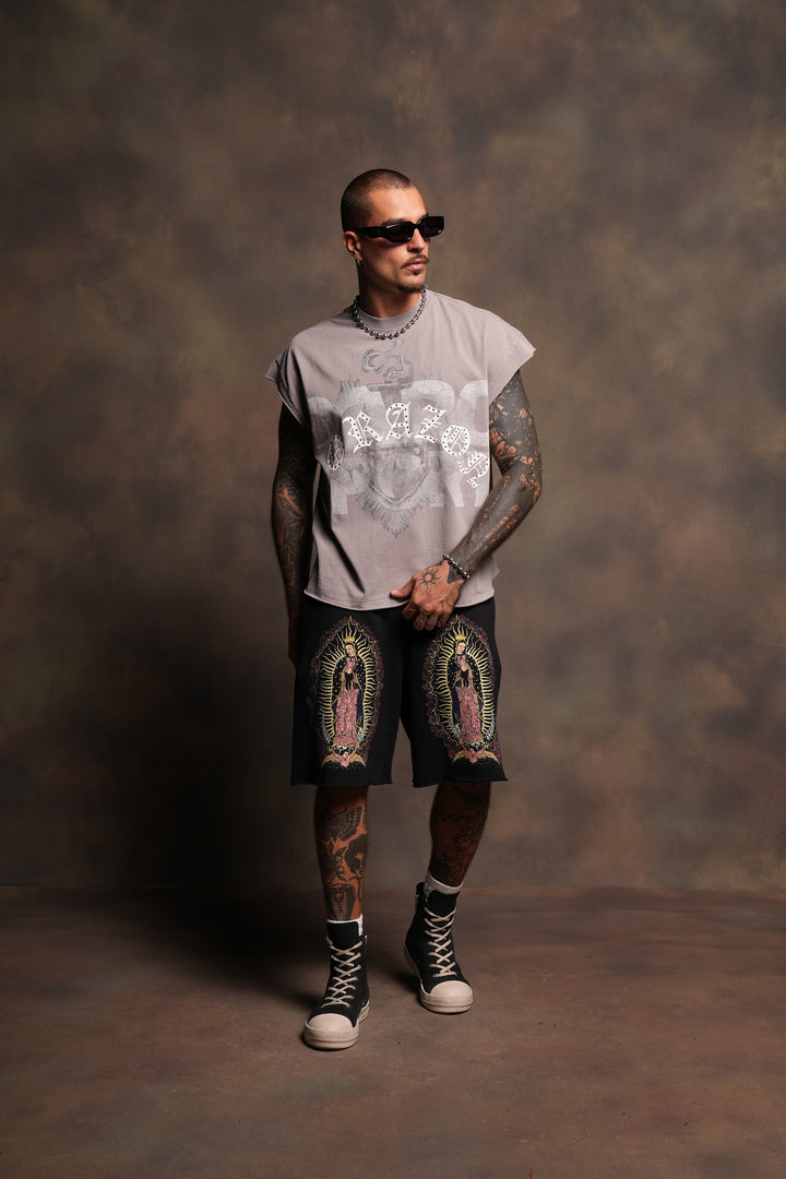 Dama De Las Rosas Grunge Oversized Raw Hem Post Lounge Sweat Shorts In Black