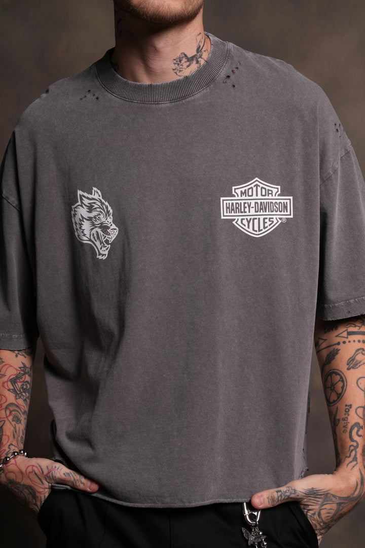 Harley-Davidson Wolves Distressed Grunge "Box Cut" Tee in Slate Gray