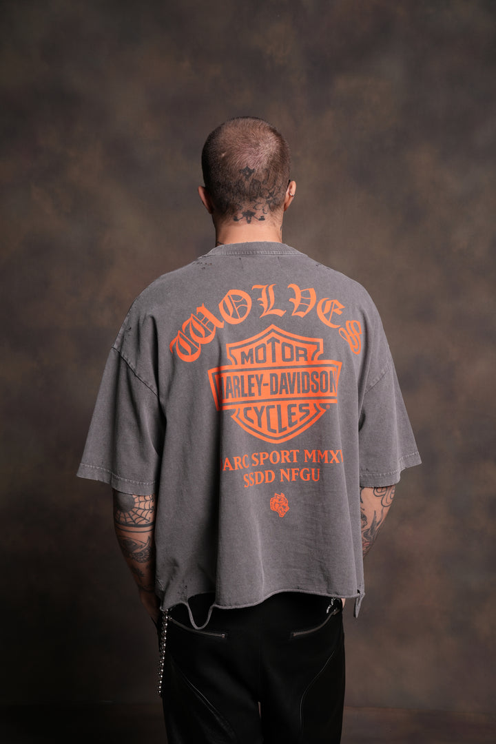 Harley-Davidson Wolves Distressed Grunge "Box Cut" Tee in Slate Gray