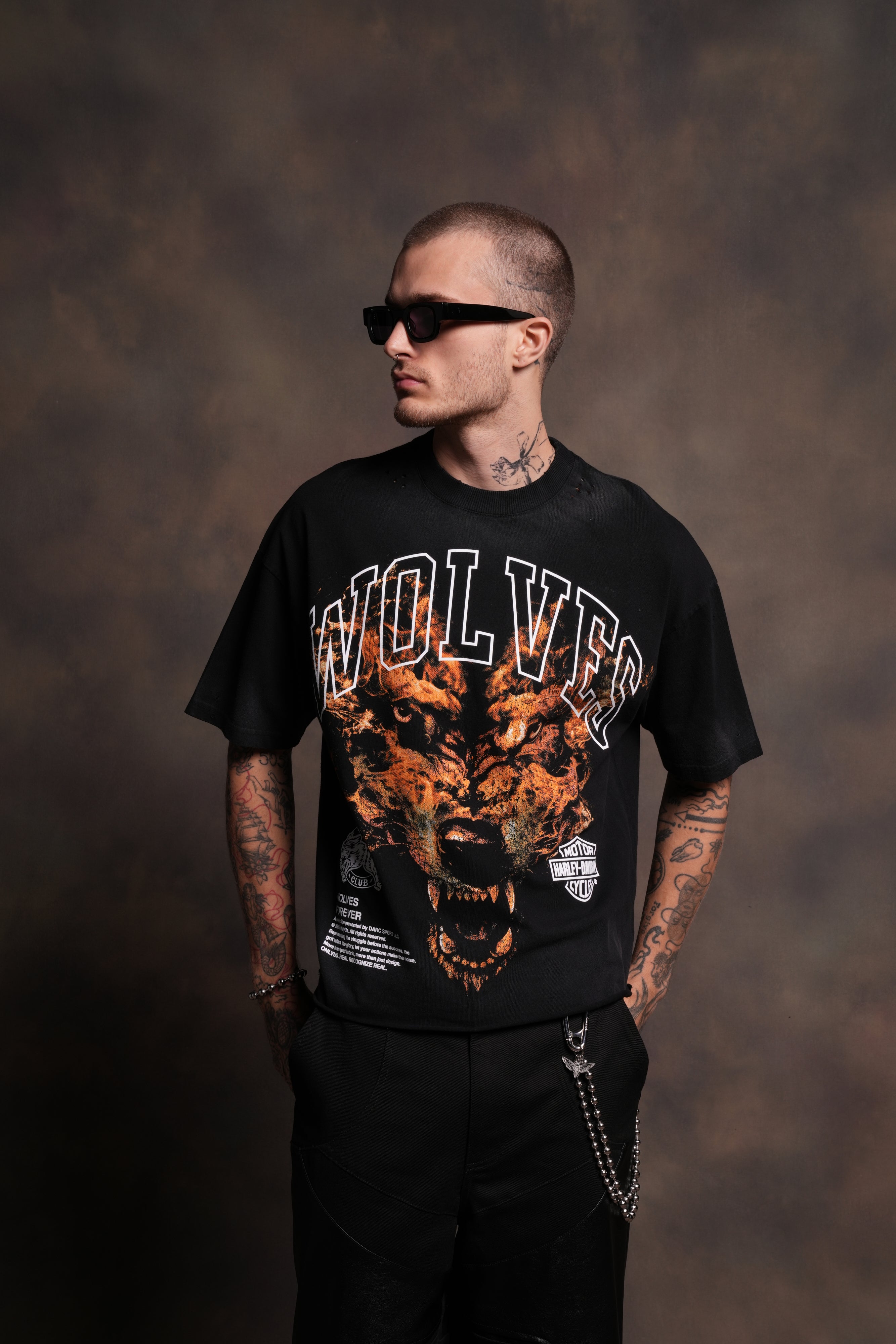 Born From Fire Distressed Grunge Mid-Length Raw Hem Tee in Black Drift Wash