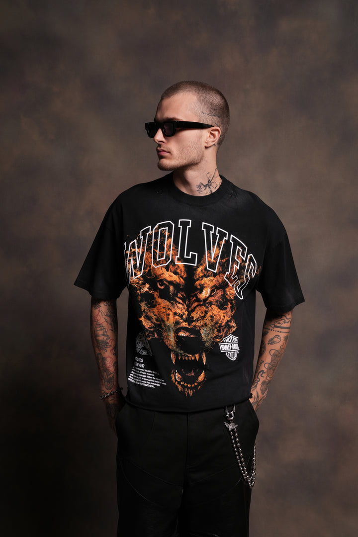 Born From Fire Distressed Grunge Mid-Length Raw Hem Tee in Black Drift Wash