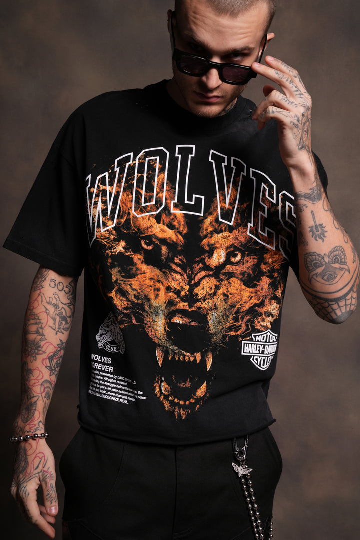 Born From Fire Distressed Grunge Mid-Length Raw Hem Tee in Black Drift Wash