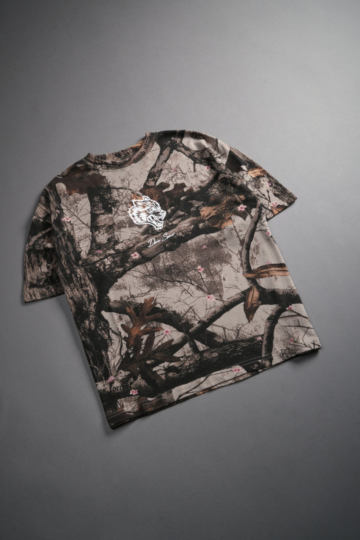 Our Wolf Forever Box Cut "Pump Cover" Tee in Cherry Blossom Woodland Camo