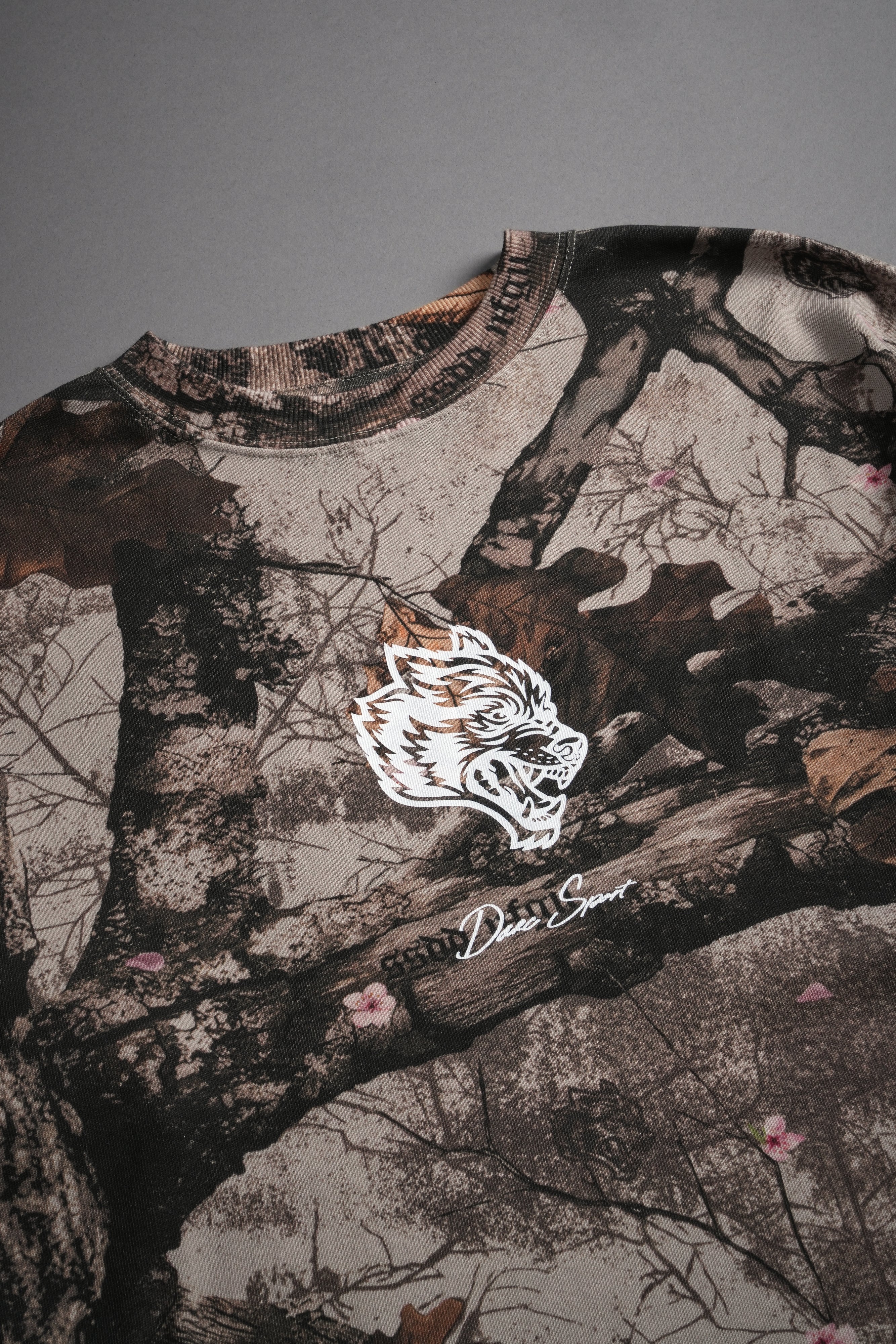 Our Wolf Forever Box Cut "Pump Cover" Tee in Cherry Blossom Woodland Camo