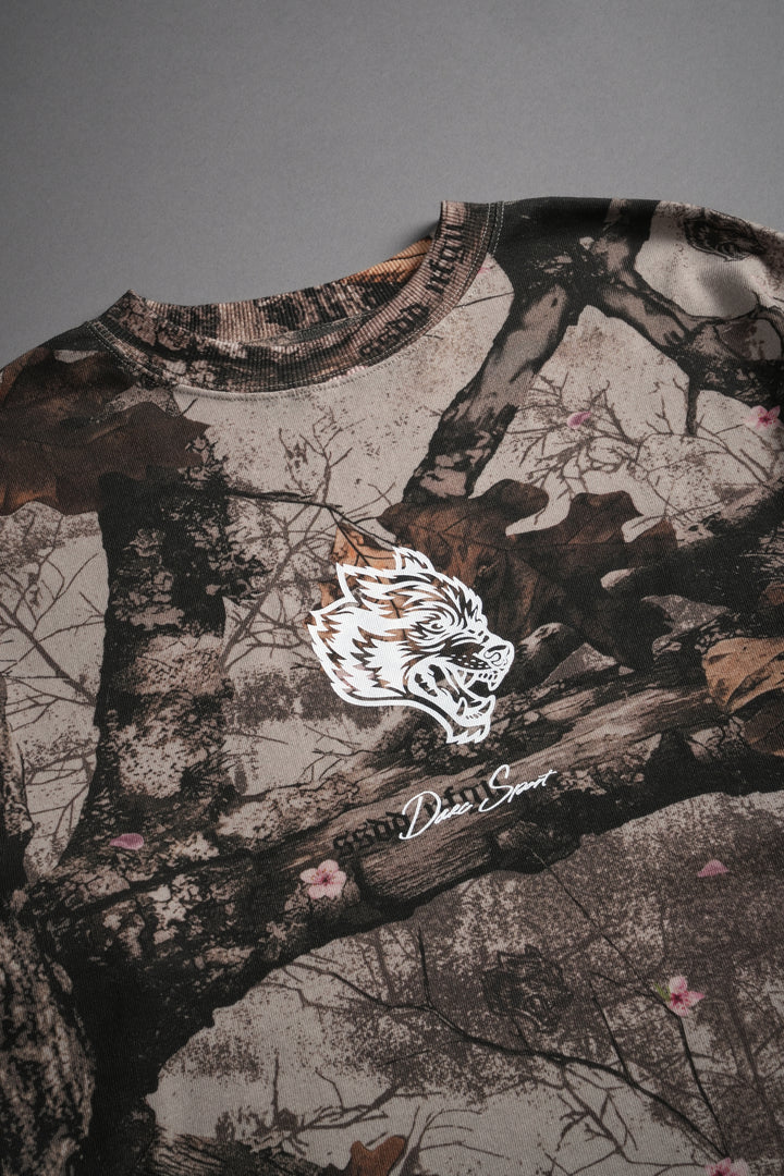 Our Wolf Forever Box Cut "Pump Cover" Tee in Cherry Blossom Woodland Camo