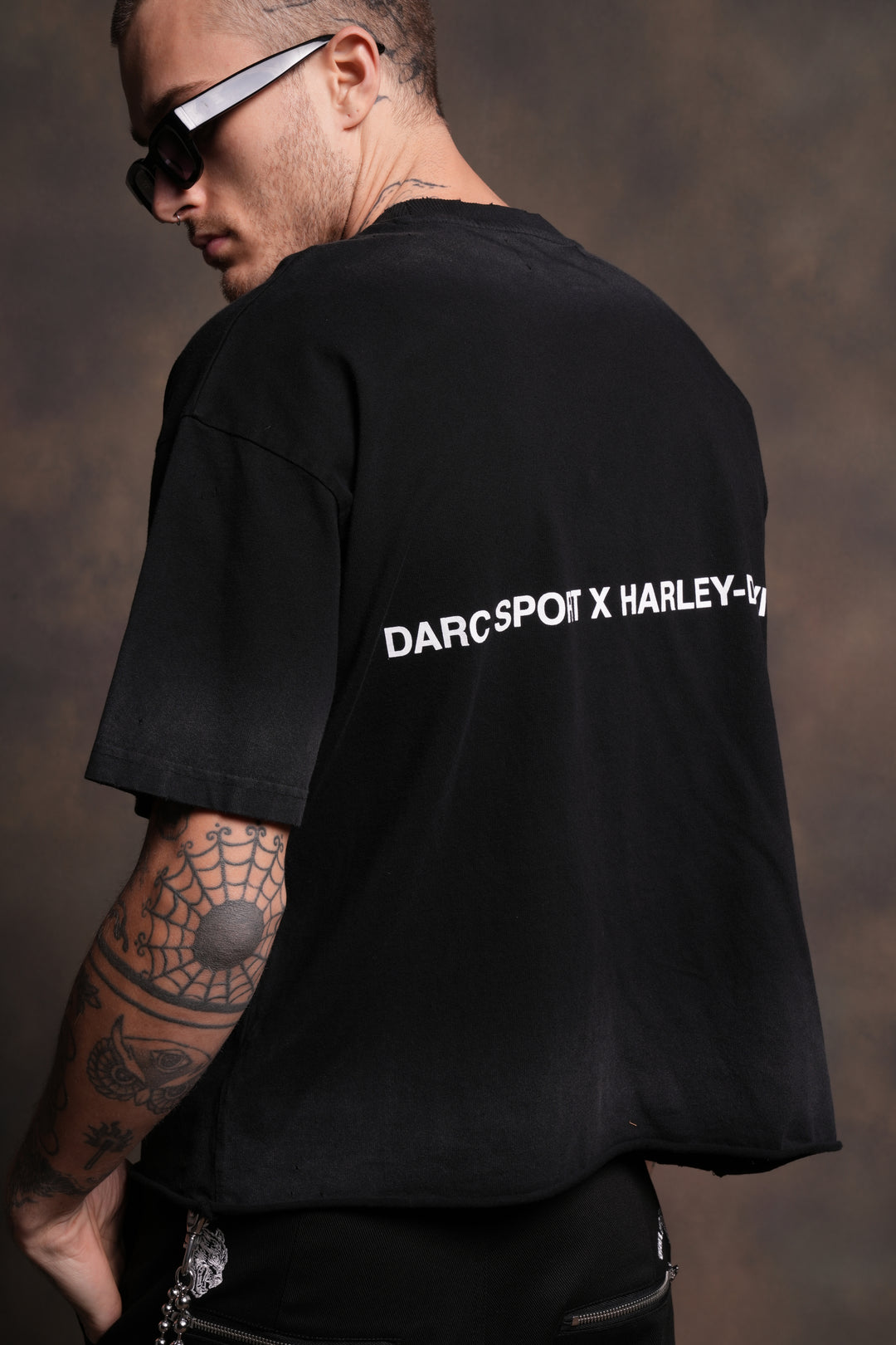 Born From Fire Distressed Grunge Mid-Length Raw Hem Tee in Black Drift Wash