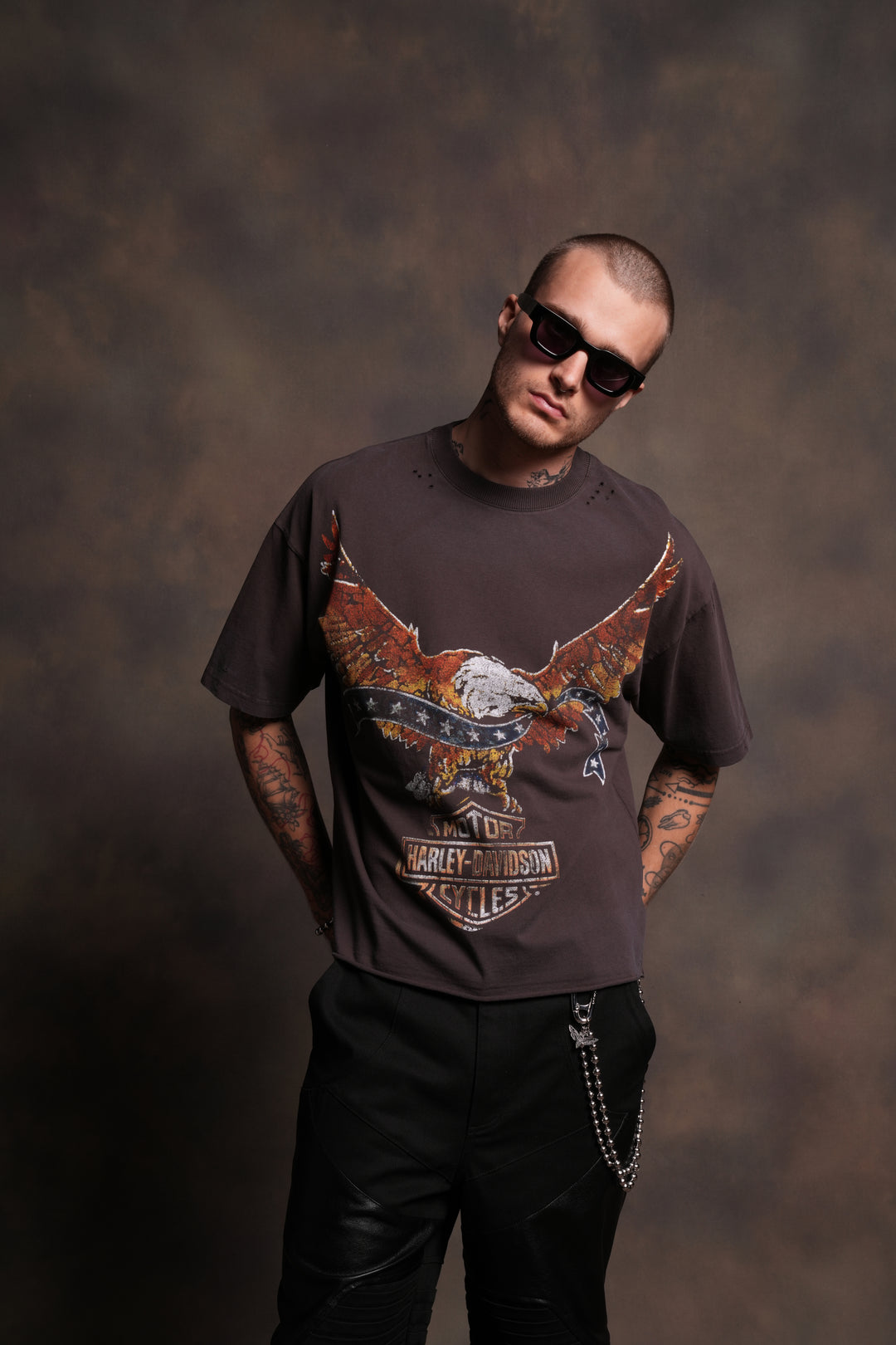 Darc Eagle Distressed Grunge Mid-Length Raw Hem Tee in Darc Brown Drift Wash