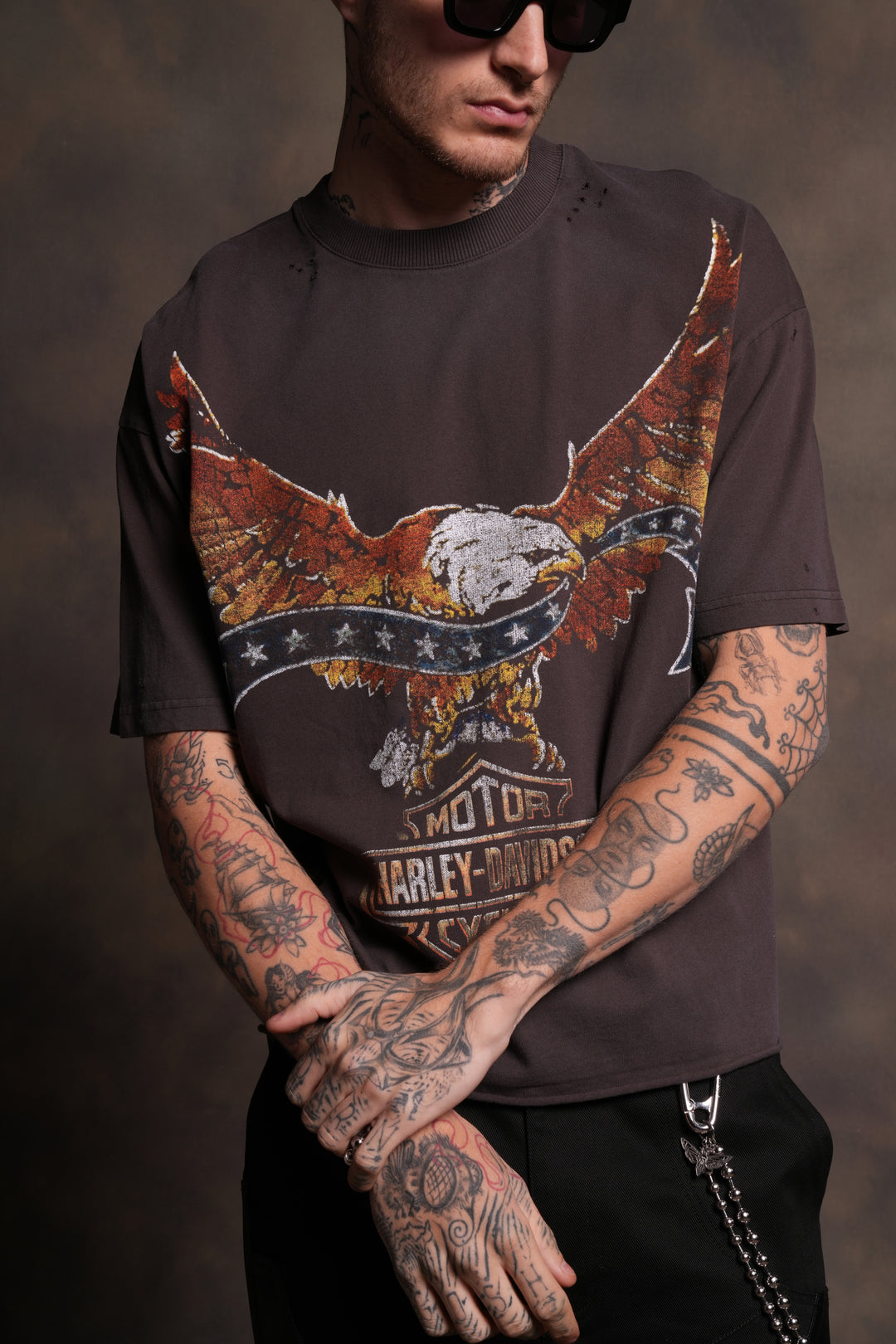 Darc Eagle Distressed Grunge Mid-Length Raw Hem Tee in Darc Brown Drift Wash