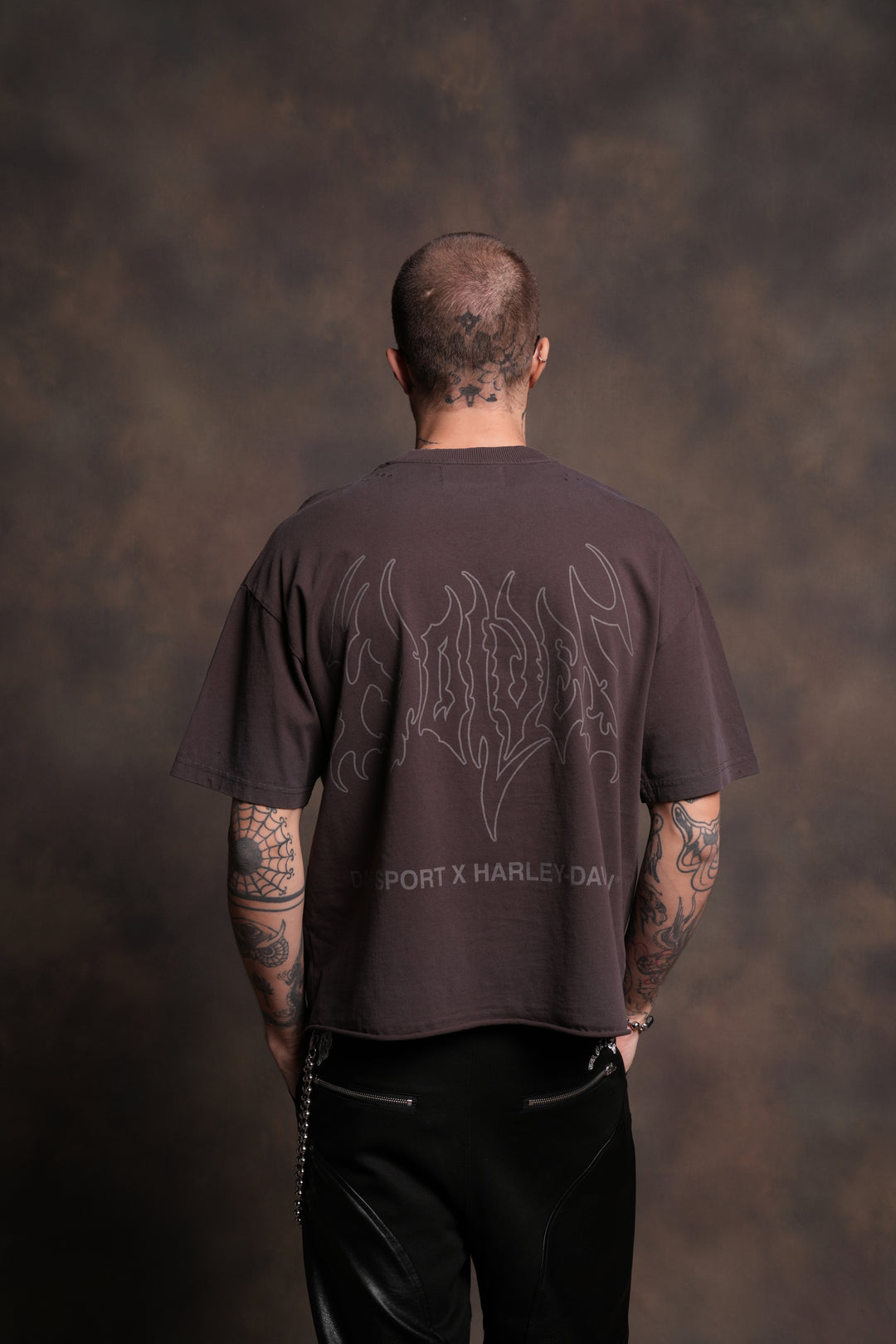 Darc Eagle Distressed Grunge Mid-Length Raw Hem Tee in Darc Brown Drift Wash