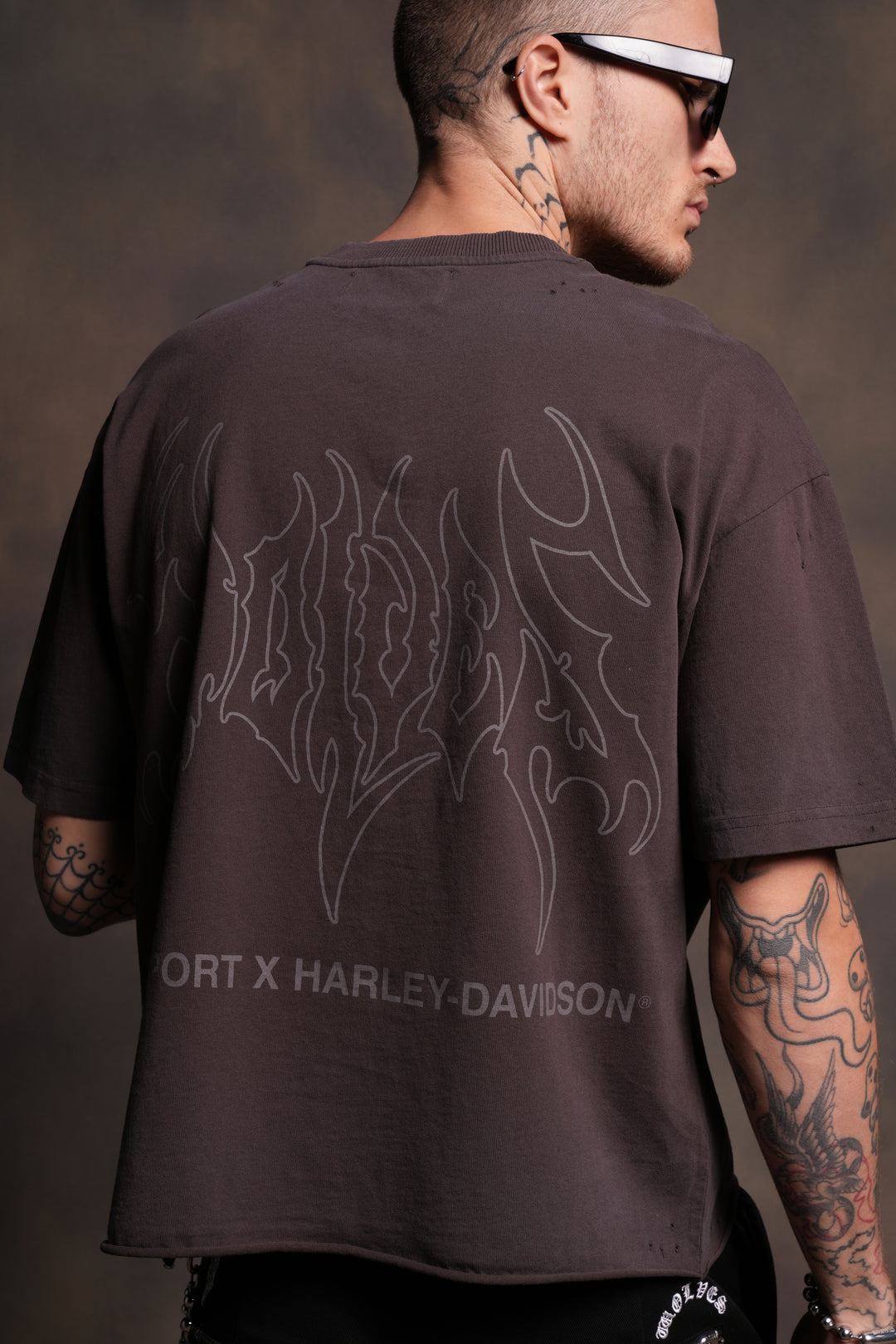 Darc Eagle Distressed Grunge Mid-Length Raw Hem Tee in Darc Brown Drift Wash
