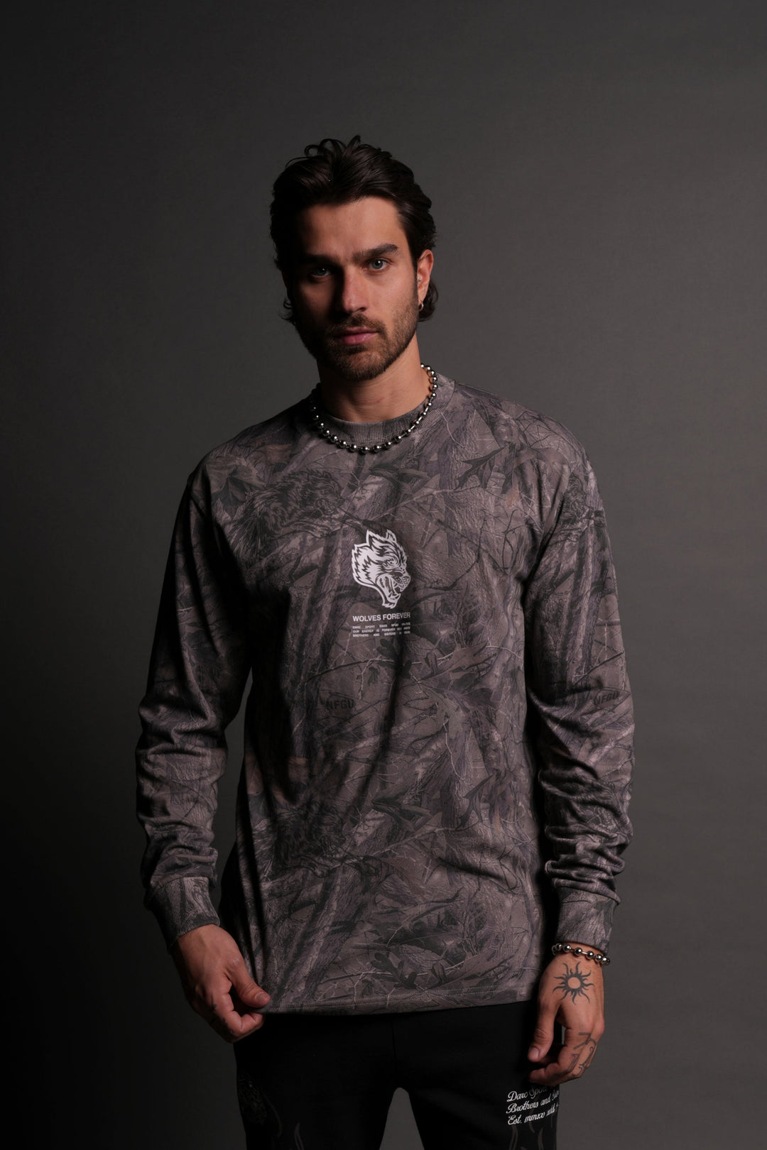 Wolves Have Your Back "Premium" L/S Tee in Driftwood Wolf Forest Camo