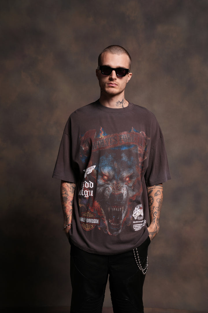 Inferno Wolf "Premium" Oversized Tee in Darc Brown Drift Wash